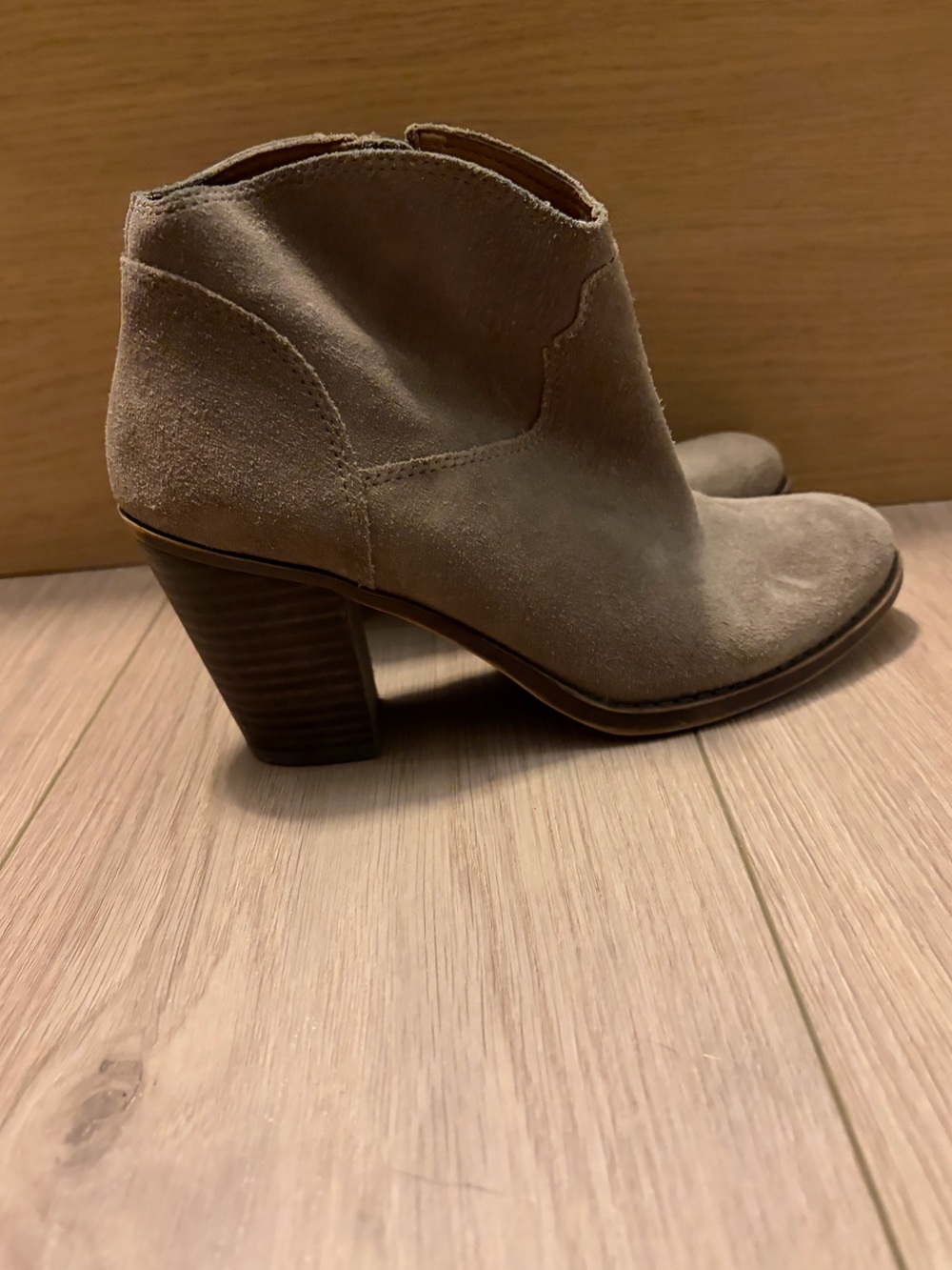 Lucky Brand Taupe Suede Ankle Booties with Stacked Heel